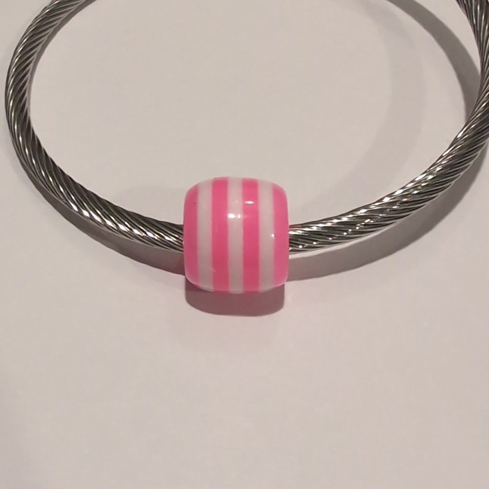 Pink and‎ White Striped Charm for Pandora Style Bracelet